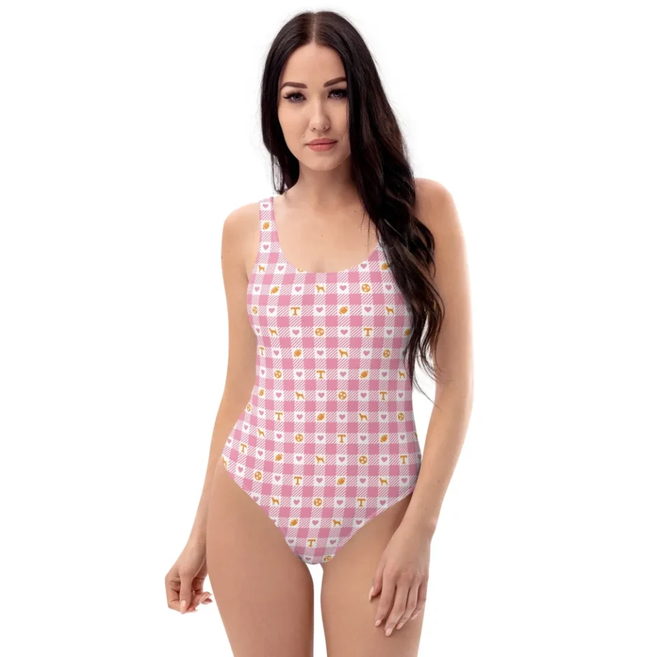 Kitchen TN Vols One Piece Swimsuit (sizes XS - 3XL) gingham plaid tennessee pink orange swimsuit 1-piece (XS)