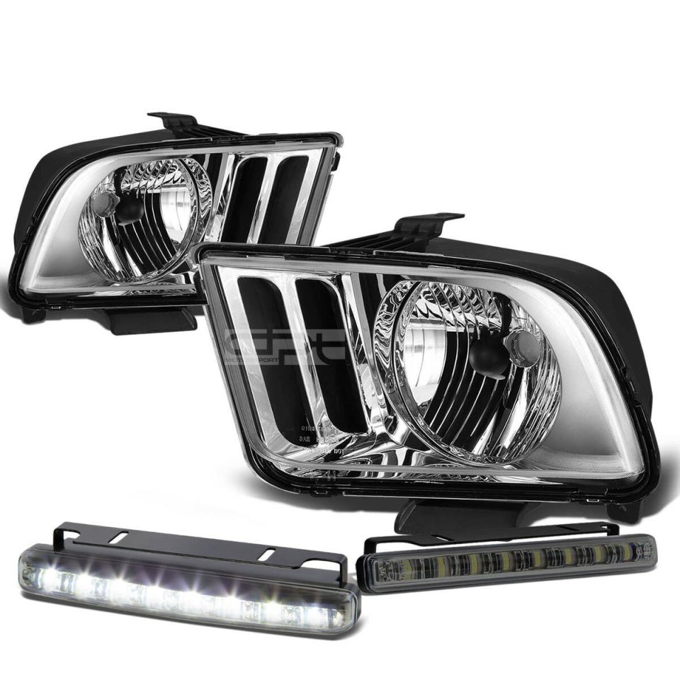 Stainless Steel CHROME HOUSING CLEAR LENS HEADS+SMOKED LED FOG LIGHT KIT 05-09 D MUSTANG