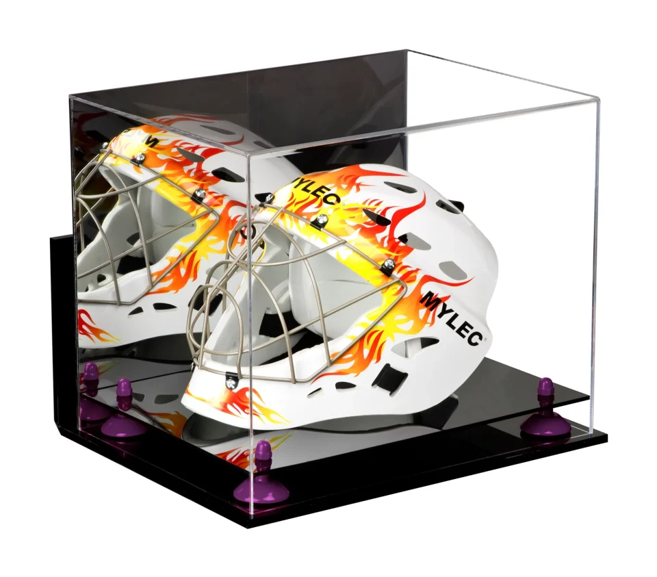 Natural Acrylic Lacrosse Helmet Display Case with Mirror, Wall Mount and Purple Risers (A002-PR)