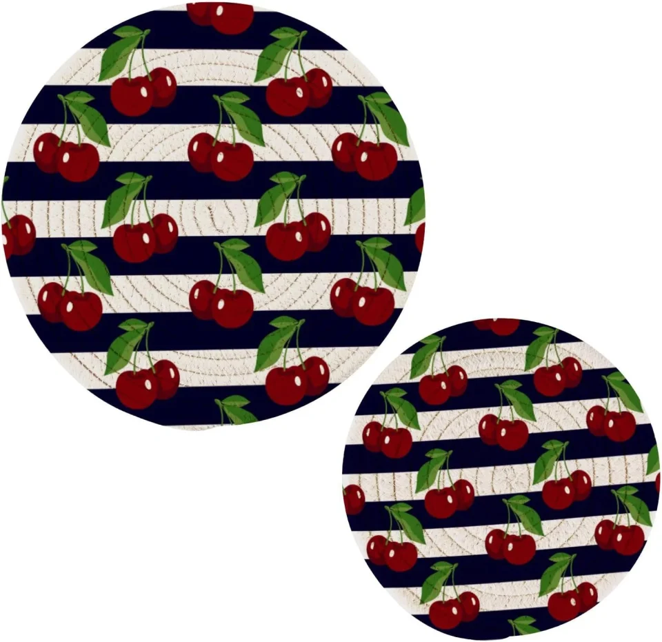 Glass Bestwell Cute Cherry Cotton Pot Holder Set of 2, Pure Cotton Heat Resistant Wear-Resistant and Non-Slip Stylish Round Pot Holder for Daily Kitchen,Dining Table,Office,Cafe, Restaurant,BBQ