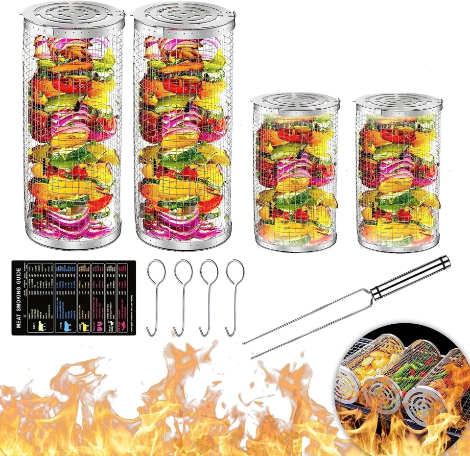 Top-Rated Rolling Grilling Baskets for Outdoor Grilling,Upgraded BBQ Stainless Steel Grill Baskets for Vegetable,Fish,Small food crumbs,Come with Meat Smoking Guide (2pcs,2L,12in*4in)