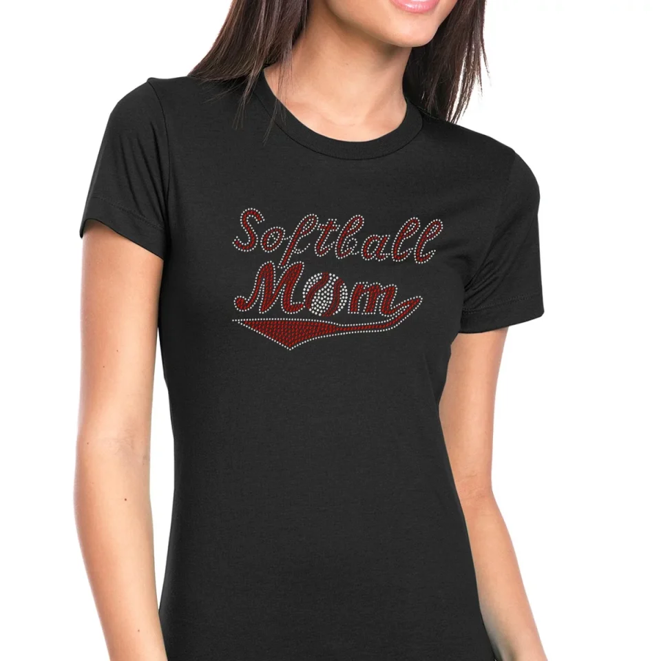 Safe Womens T-Shirt Rhinestone Bling Black Tee Softball Mom Red White Crew Neck X-Large