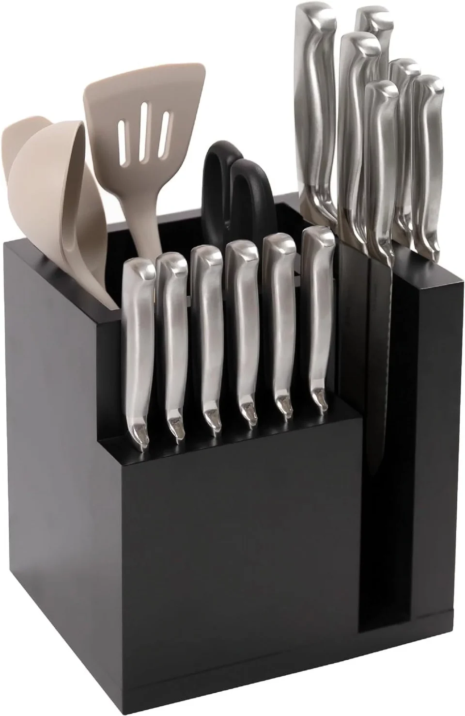 Select KitchenEdge Bamboo Magnetic Knife Block and Cooking Utensil Holder, Sleek Storage for Chefs Knives, Steak Knives, Spatulas, Scissors, Non-Slip Rubber feet, Black Finish