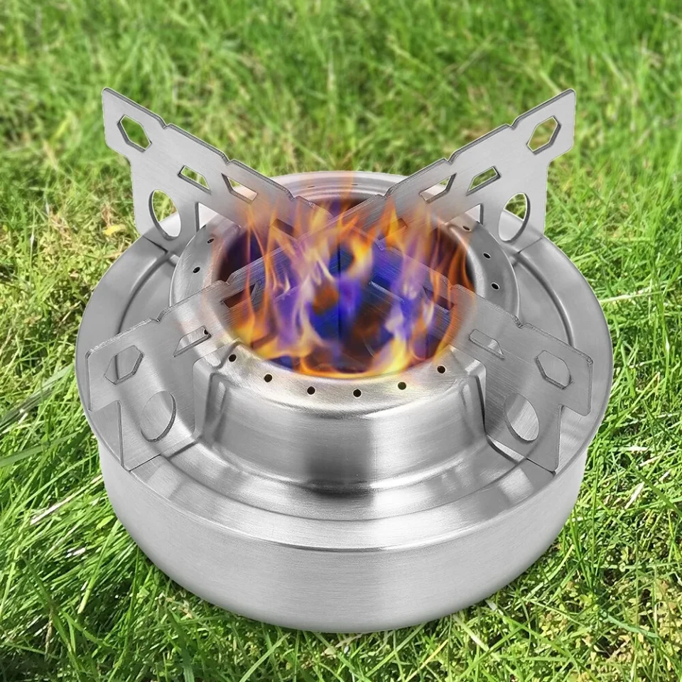 Stainless Steel FlyFlise Outdoor Alcohol Stove & Rack Combo Set Mini Portable Alcohol Stove with Cross Stand Stove Rack Support Stand