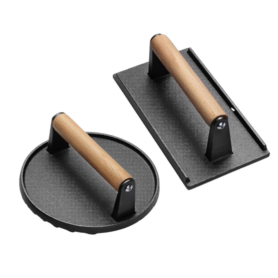 Storage 2 Pieces Grill Press BBQ Press Heavy Duty Cast Iron Patty Meat Press Tool for Hand Grabbing Pie BBQ Outdoor Press Meat Steak