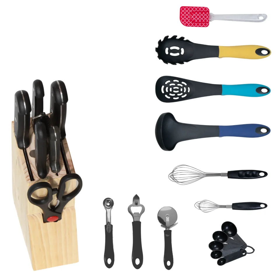 Eco-Friendly Natural SmartCook 27 Pcs Kitchen Utensils Set with Block Knife Set ﾨC 8 Pcs Premium Stainless Steele, 19 Pcs of Cooking Utensils, Lightweight and Strong, Spoon, Ladle, Whisk and more, Utensilios de Cocina