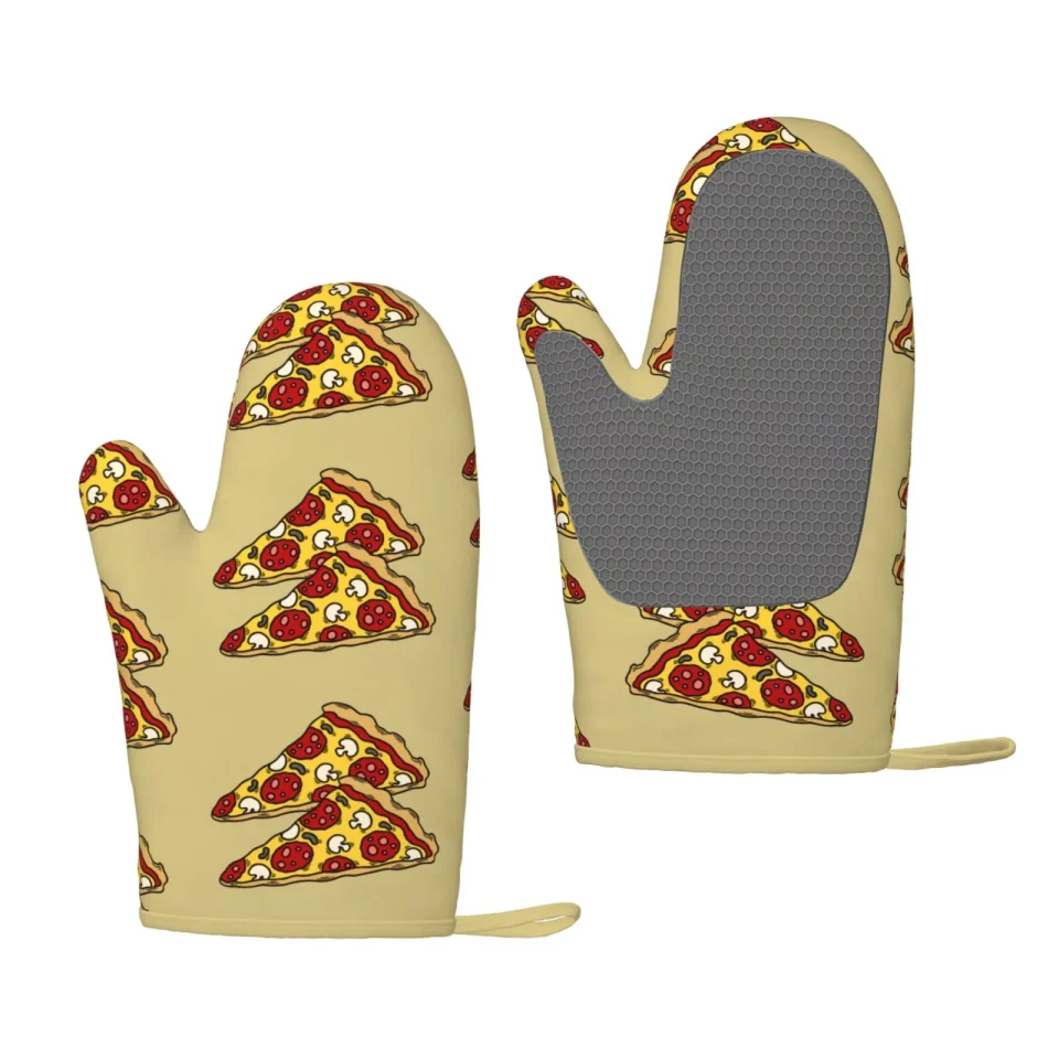 Stainless Steel XMXT 2 Pcs Silicone Oven Mitts, Cheese Pizza Illustration Thickened Non-Slip BBQ Gloves, Beige