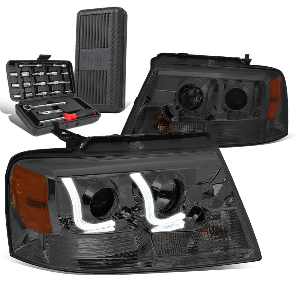 Glossy Easy-Clean 2004-2008 d F-150 Smoked/Amber LED DRL Bar Projector Headlight+Tool Box