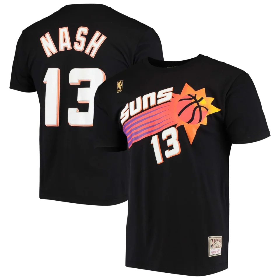 Core Space-Saving Men's Mitchell & Ness Steve Nash Black Phoenix Suns Hardwood Classics Stitch Name & Number T-Shirt