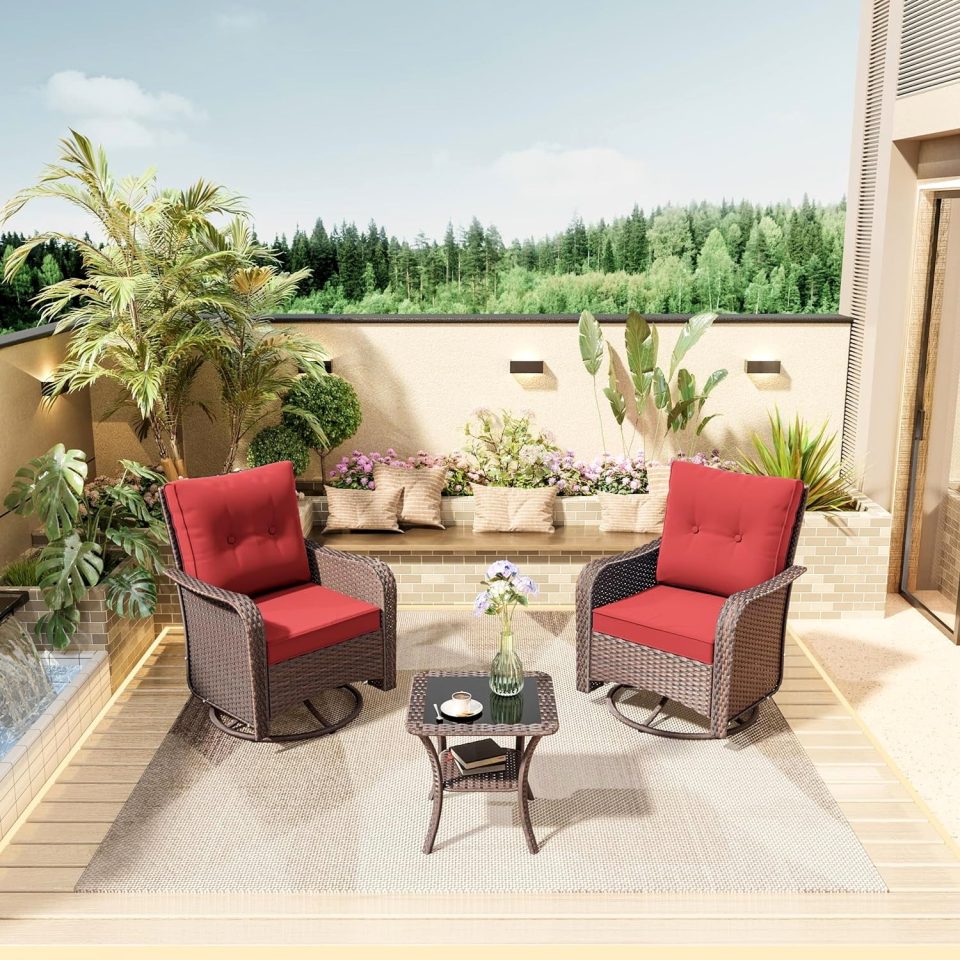 Silicone ALAULM 3 Piece Wicker Swivel Rocking Chair Set, Outdoor Patio Glider Chair with Glass Top Coffee Table, Conversation Furniture Set Suitable for Patio, Lawn, Outdoor, Back Garden(Red)