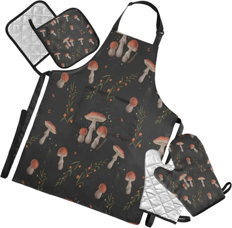 Eco-Friendly Bestwell Mushroom Plants Kitchen Apron Sets,1 Waterproof Apron with Pockets 2 Oven Mitts & 2 Pot Holders Kitchen Accessories Set Adjustable Strap for Kitchen Cooking