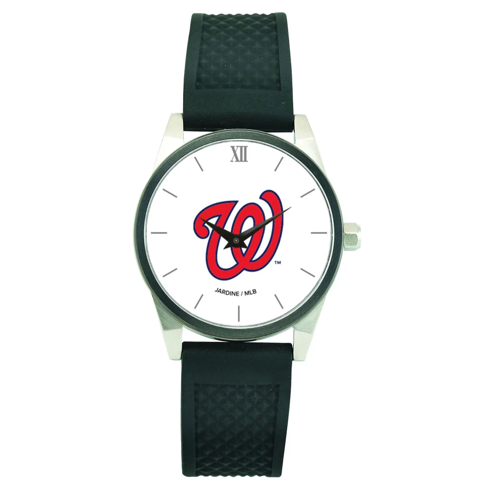 Stainless Steel Ceramic Men's Black Washington Nationals Silicone Strap Wristwatch