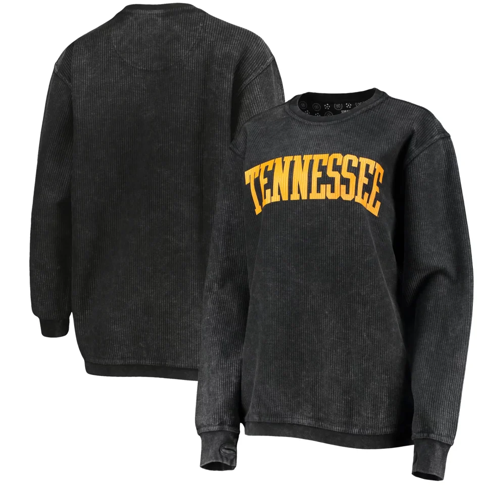 Frosted Easy-Clean Women's Pressbox Black Tennessee Volunteers Comfy Cord Vintage Wash Basic Arch Pullover Sweatshirt