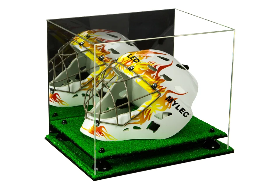 Cast Iron Deluxe Acrylic Lacrosse Helmet Display Case with Mirror, Black Risers and Turf Base (A002-BR)