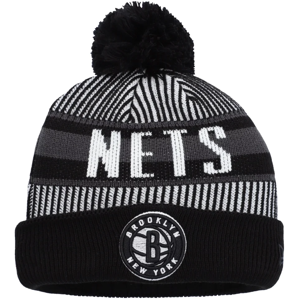 Core Youth New Era Black Brooklyn Nets Stripe Cuffed Knit Hat with Pom - OSFA