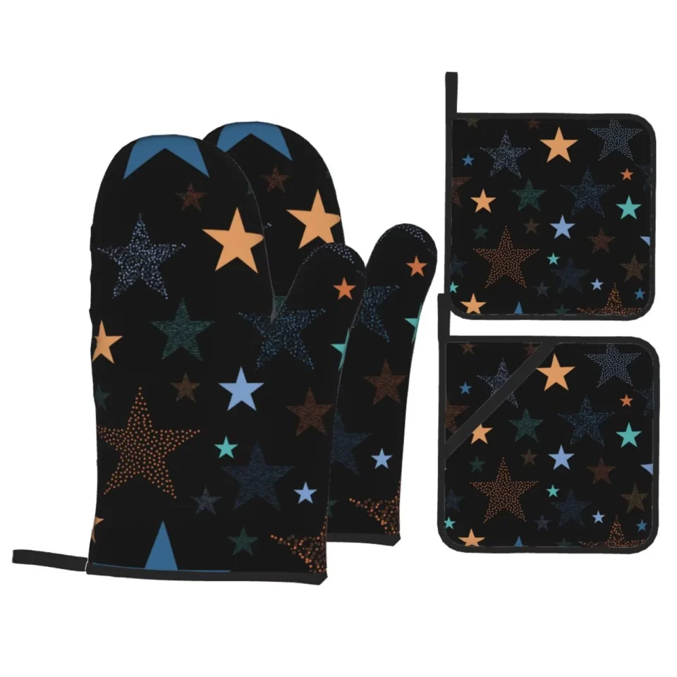 Wooden Travel ZNDUO Oven Mitts and Pot Holders Sets, Colorful Vintage Star Abstract Pattern Non-Slip Cooking Oven Mitts