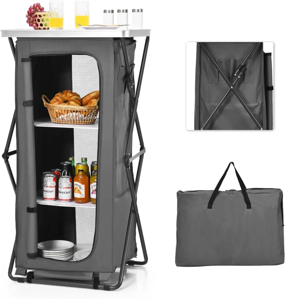 Essential Folding Camping Storage Cabinet, Pop Up Outdoor Camping Kitchen Station with Large 3-Tier Storage Organizer, Carry Bag, Easy Set Up Portable Compact Camping Table for BBQ Picnic Backyard (47'')