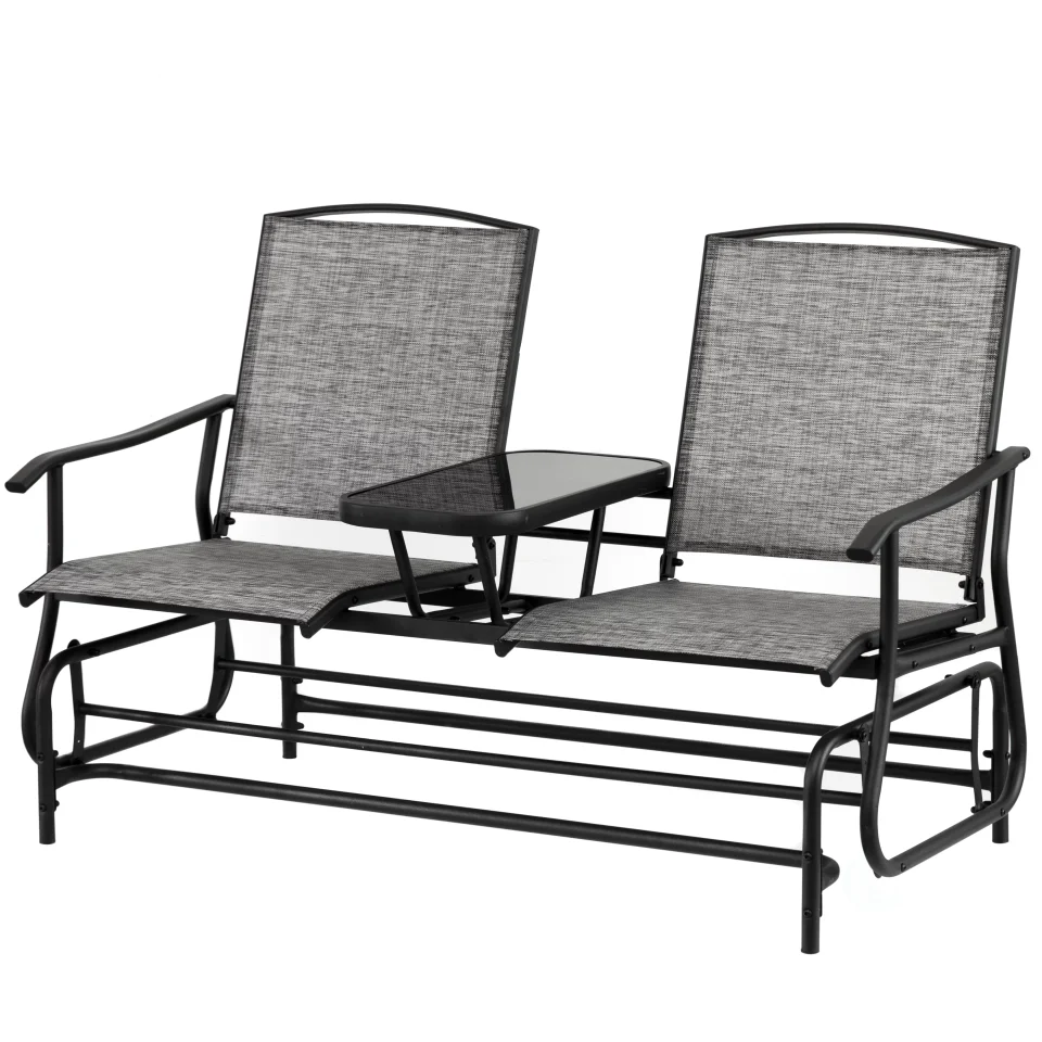 Portable Two Person Outdoor Double Swing Glider Chair Set with Center Tempered Glass Table, Loveseat Lawn Rocker Bench