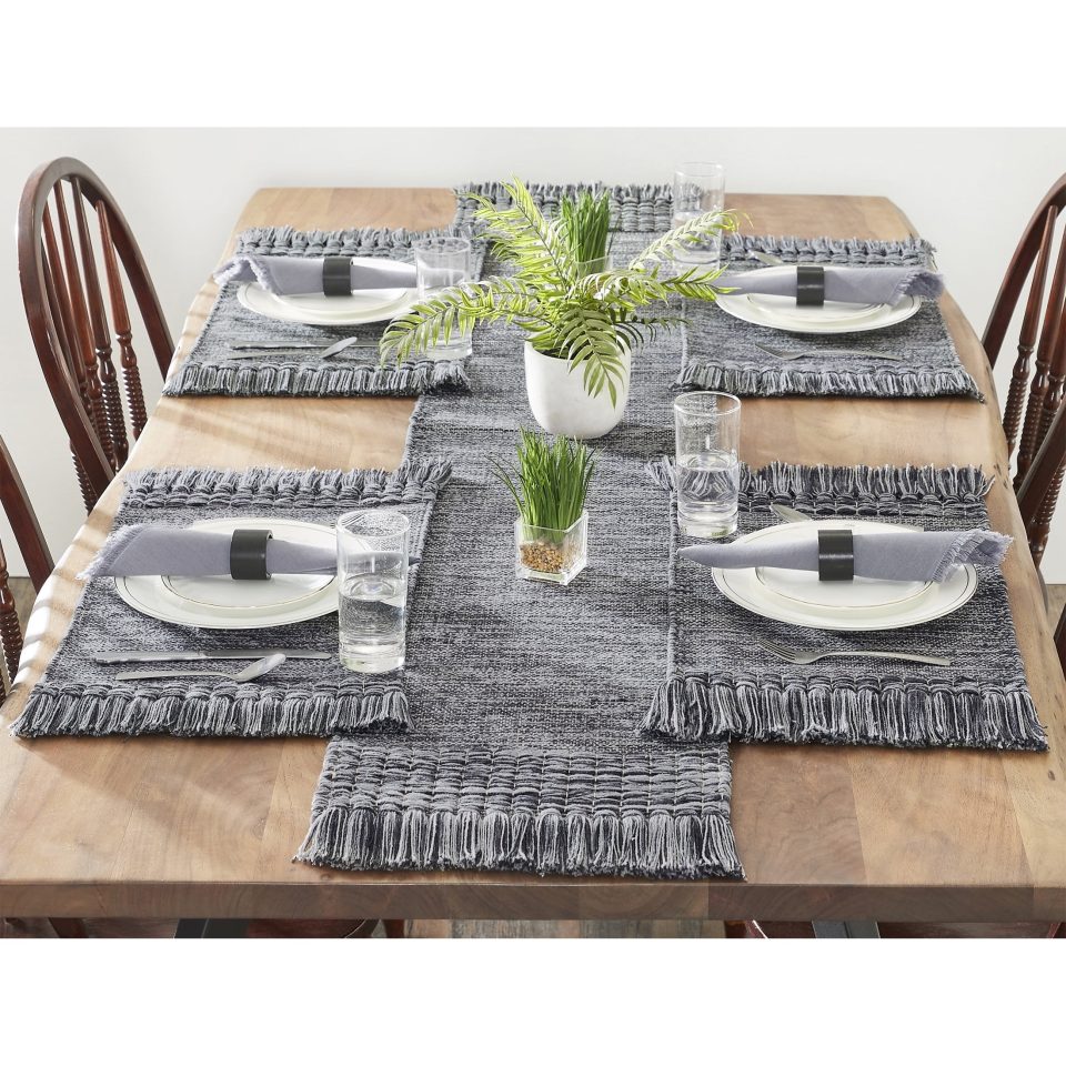 Healthy Leak-Proof Mainstays Woven Fringe 13-Piece Coordinated Table Runner Dining Set, Grey