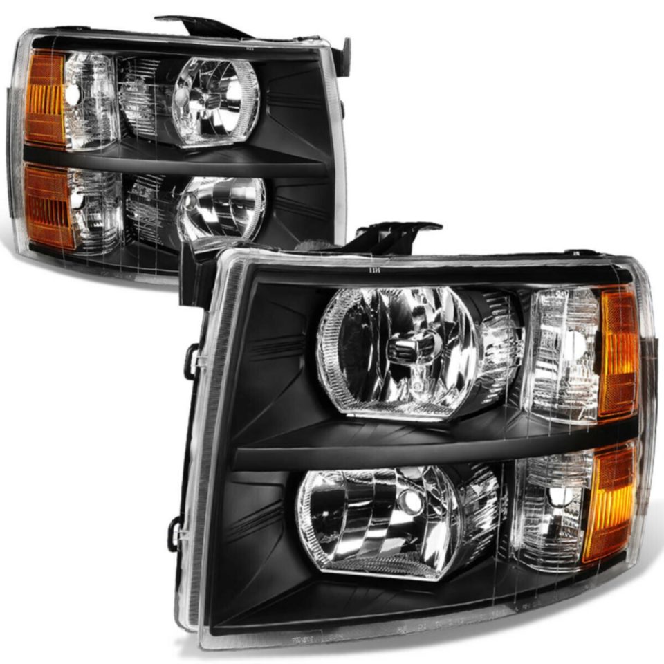Cast Iron 2007-2014 Chevy Silverado Pair Black Housing Amber Side Headlight/Lamp Set