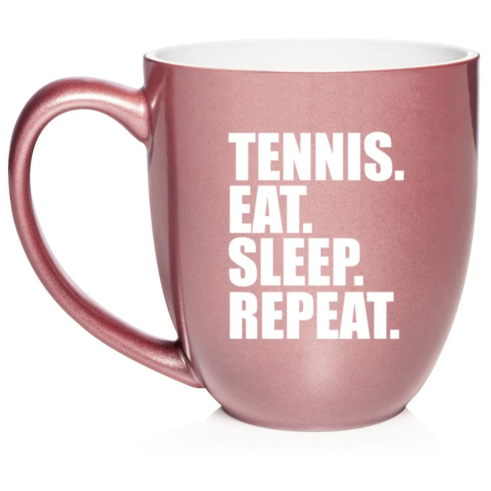 Food-Grade Tennis Eat Sleep Repeat Ceramic Coffee Mug Tea Cup Gift for Her, Him, Friend, Coworker, Wife, Husband (16oz Rose Gold)