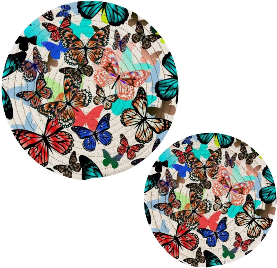 Wooden Dining Bestwell Colorful Butterfly Pot Holder Set of 2, Pure Cotton Heat Resistant Wear-Resistant and Non-Slip Stylish Round Pot Holder for Daily Kitchen,Dining Table,Office,Cafe, Restaurant,BBQ
